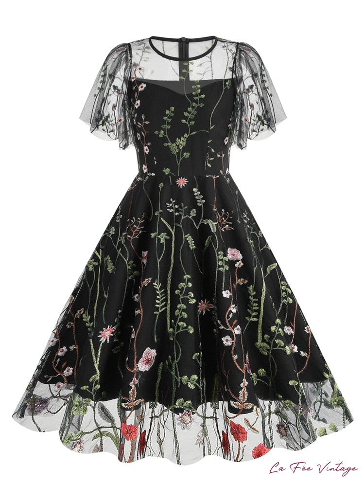 Robe d'été noire Retro Vintage Pin-up années 50-60 à motif floral