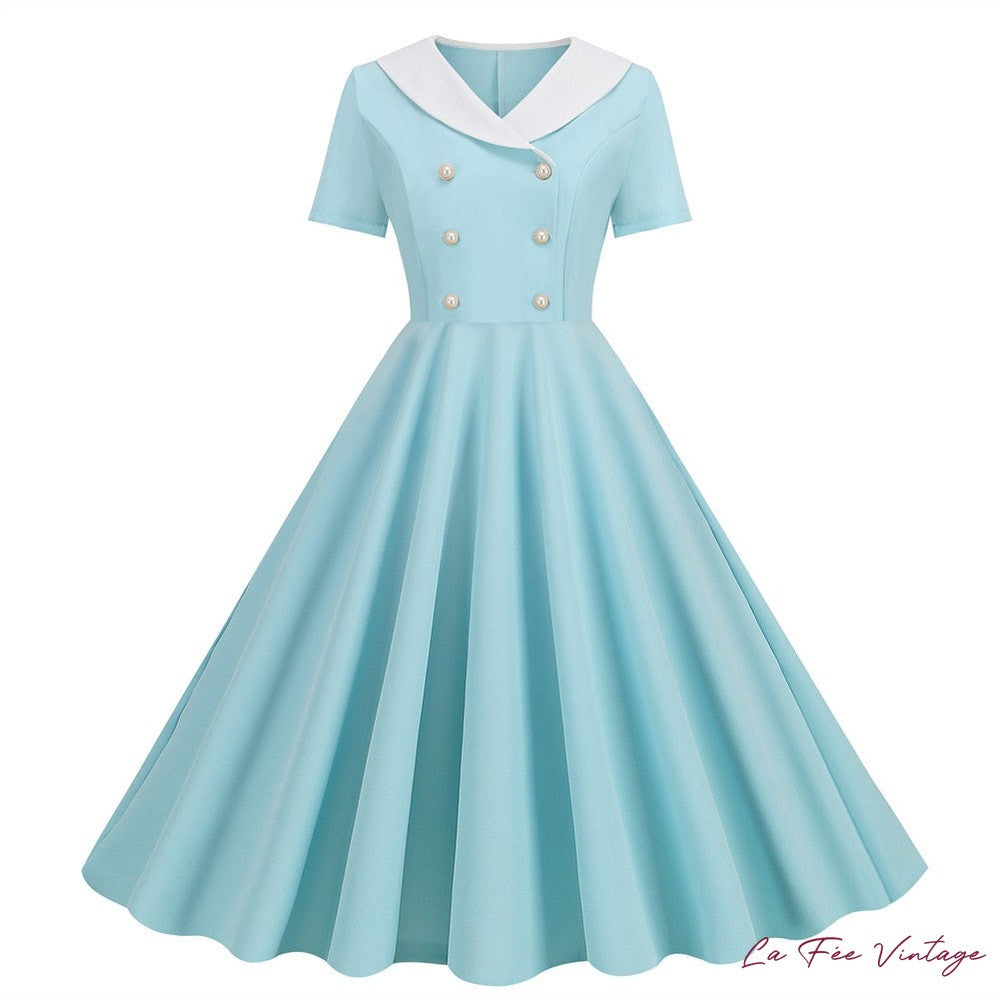 Robe élégante bleue unie vintage style pin-up rockabilly années 50 et 60