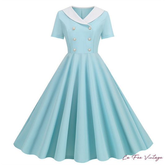 Robe élégante bleue unie vintage style pin-up rockabilly années 50 et 60