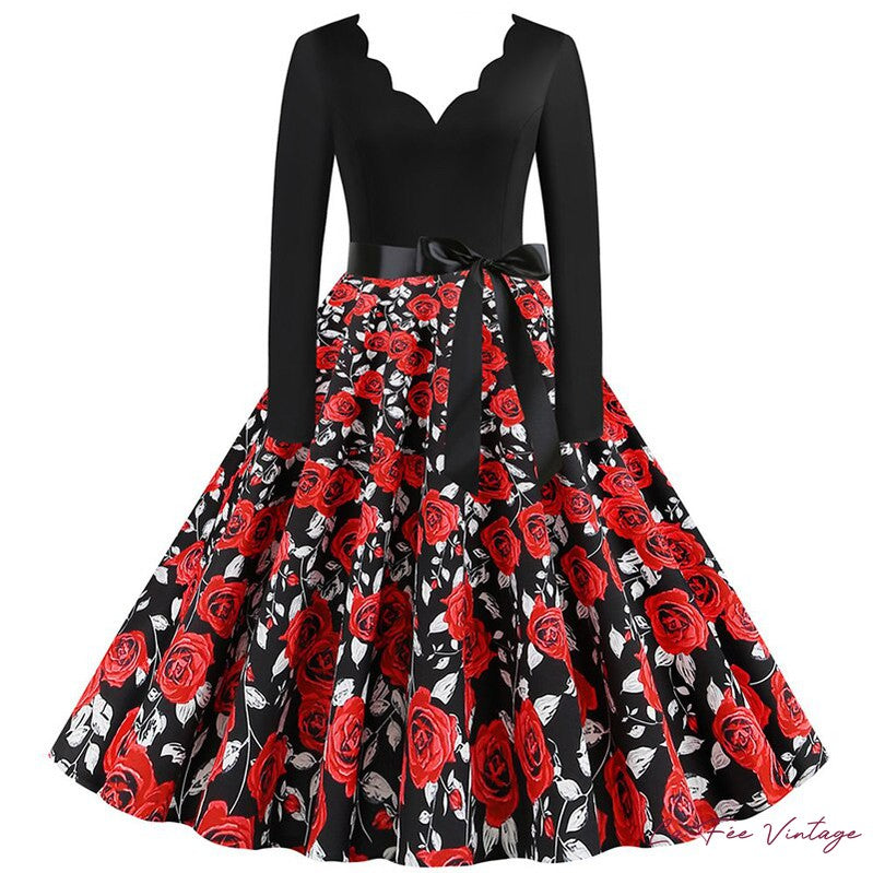 Robe Évasée à Fleurs Rouges à manches longues | Style Pin Up Années 50