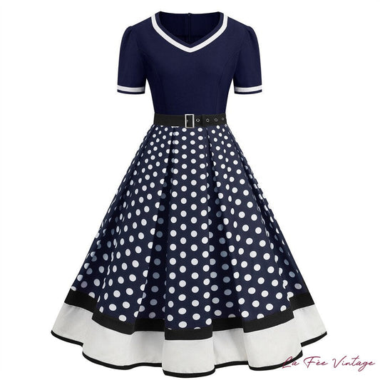 Robe Pin Up Blanche Et Bleue à manche