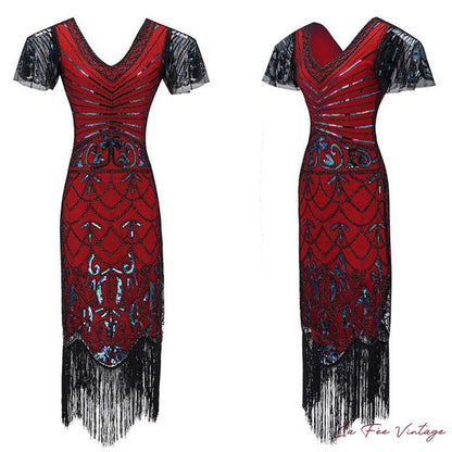 Robe Charleston Rouge à Frange et Manches Mi-Longues