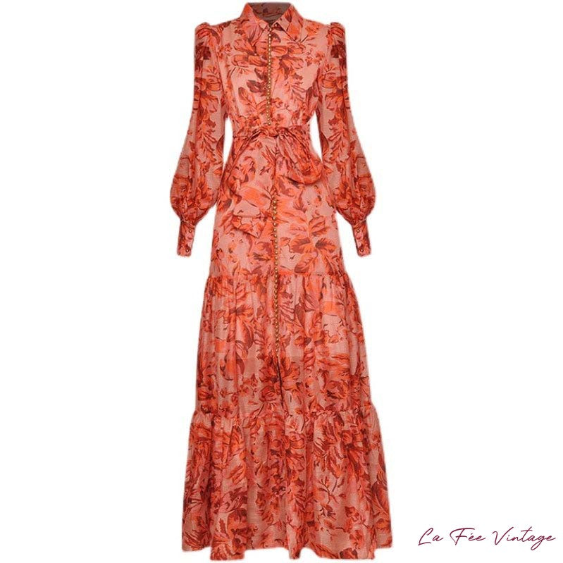 Robe Année 40 Imprimé Saumon Manches Longues