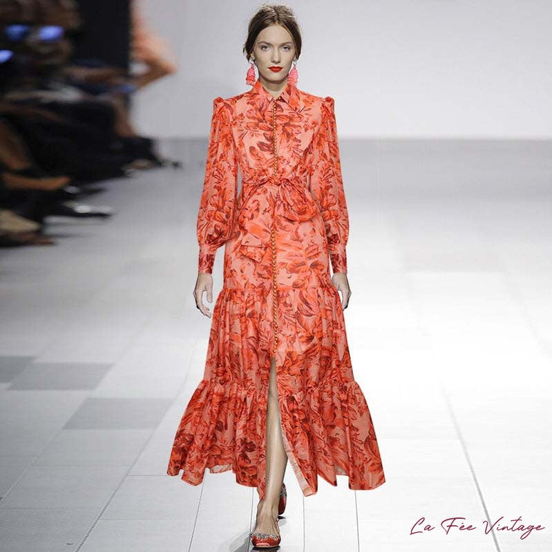 Robe Année 40 Imprimé Saumon Manches Longues