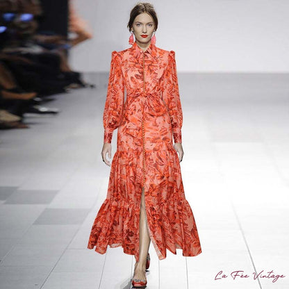 Robe Année 40 Imprimé Saumon Manches Longues