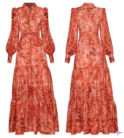 Robe Année 40 Imprimé Saumon Manches Longues