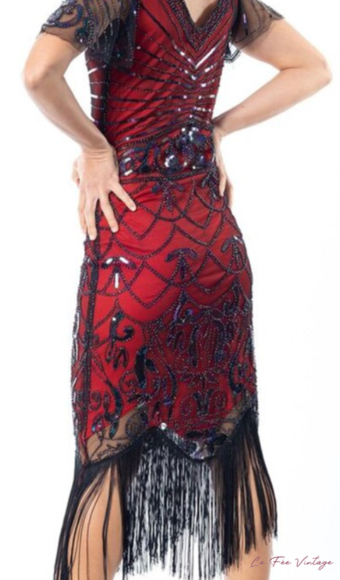 Robe Charleston Rouge à Frange et Manches Mi-Longues