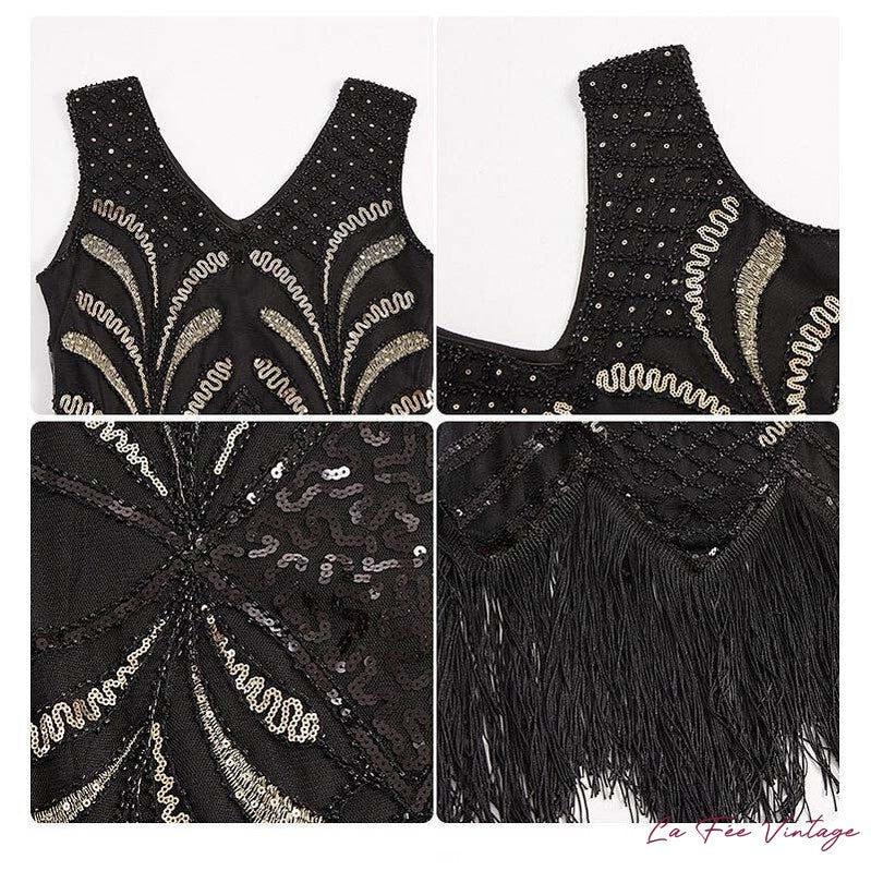 Robe Noire Arrondis Doré | Robe Gatsby à Franges