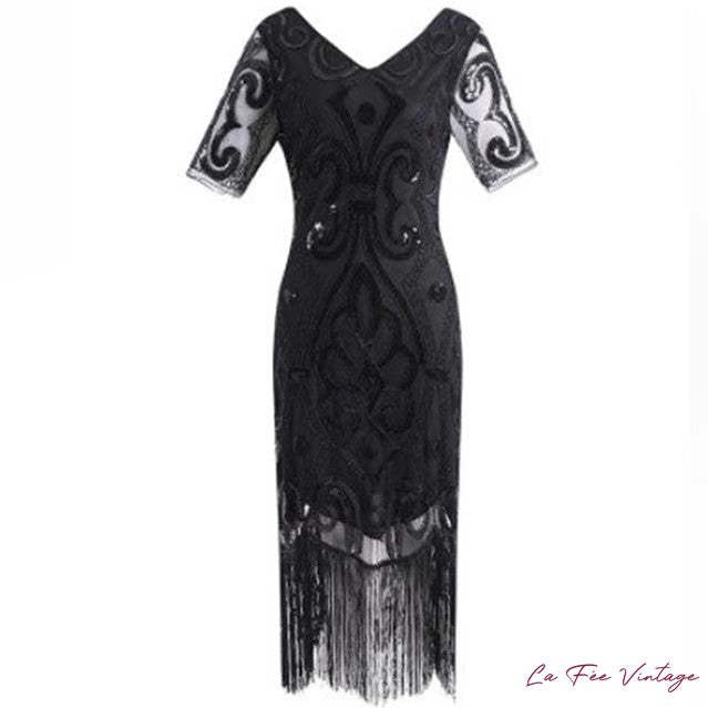 Robe Noir Profond - Dentelle & Franges