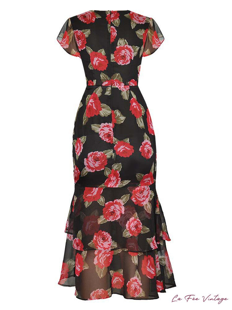 Robe Fleurie Rouge et Noir | Années 40