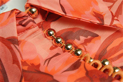 Robe Année 40 Imprimé Saumon Manches Longues