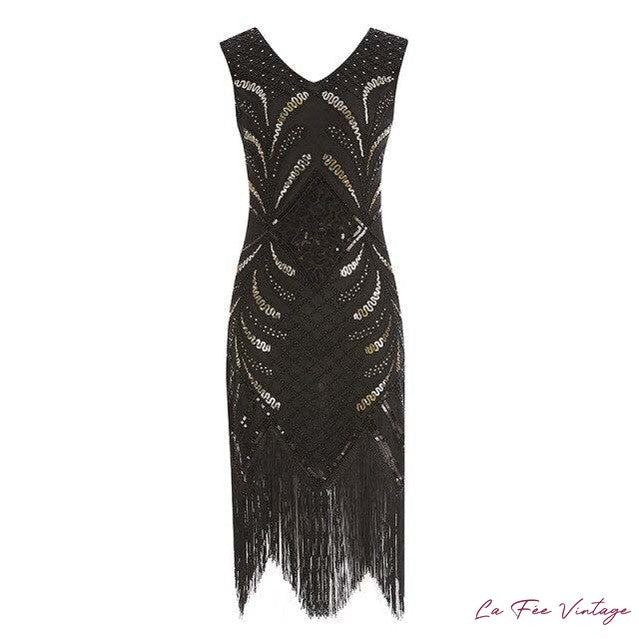 Robe Noire Arrondis Doré | Robe Gatsby à Franges