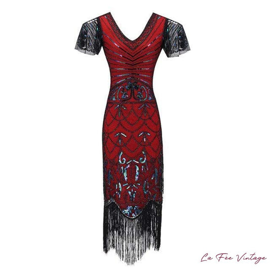 Robe Charleston Rouge à Frange et Manches Mi-Longues