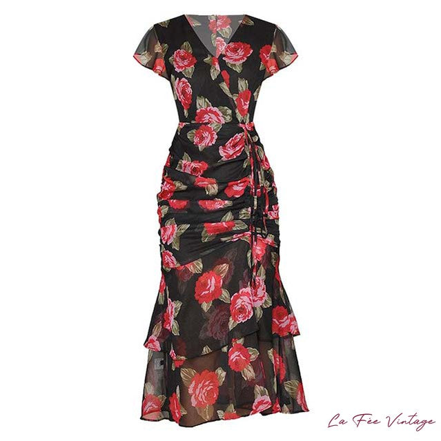 Robe Fleurie Rouge et Noir | Années 40