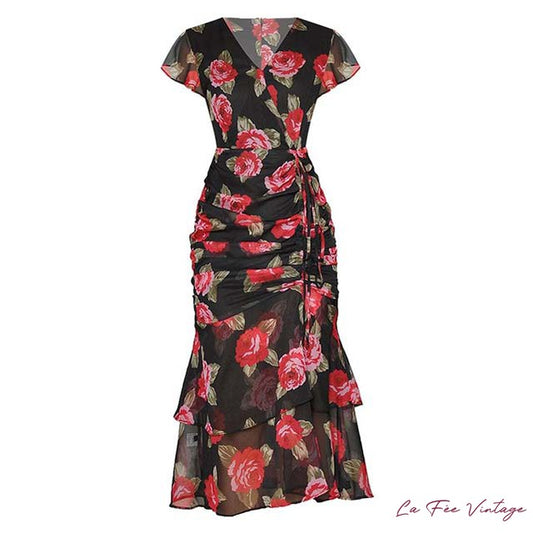 Robe Fleurie Rouge et Noir | Années 40