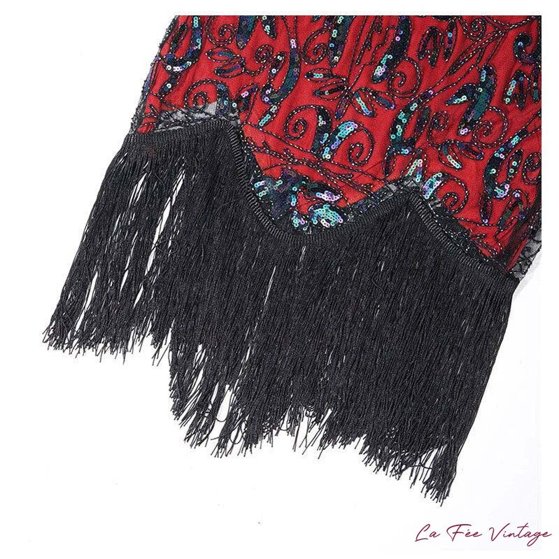 Robe Charleston Rouge à Frange et Manches Mi-Longues
